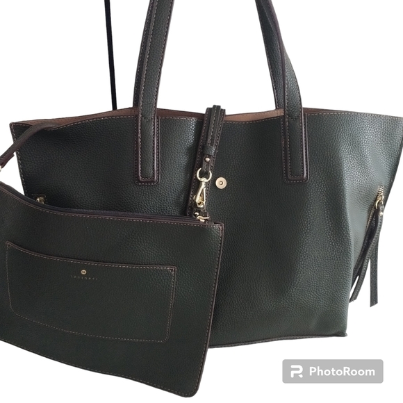 Travanti Pebble Faux Leather Olive Green Tote large with Pouch - Picture 1 of 10
